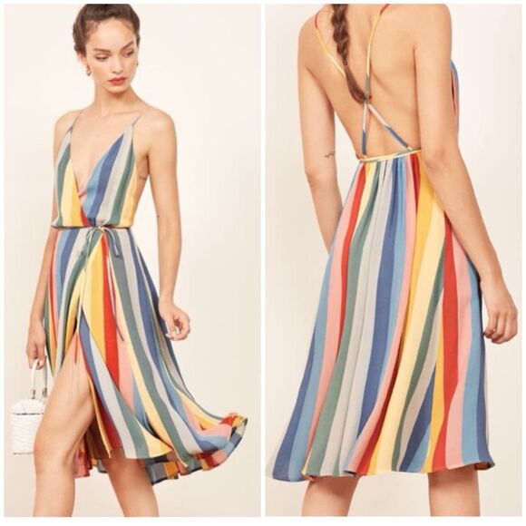 Reformation Dresses & Skirts - Reformation Sunburst Wrap Midi Dress Rainbow Stripe Spaghetti Strap Large Resort